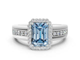 White gold Fancy Blue Emerald  Cut Halo Pave Band Four-Prong Ring_66