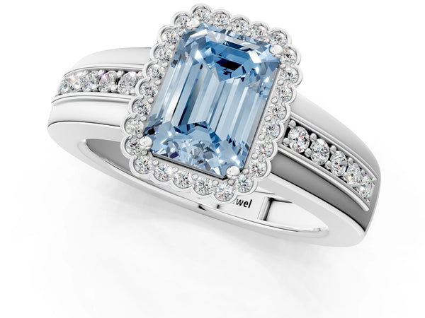 Platinum Fancy Blue Emerald  Cut Halo Pave Band Four-Prong Ring