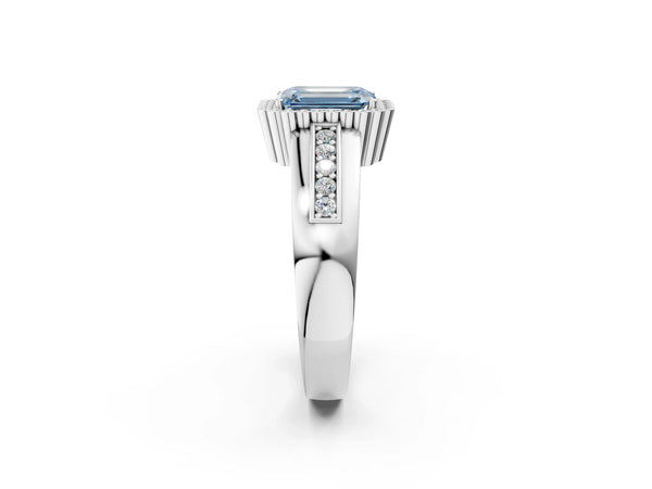 Platinum Fancy Blue Emerald  Cut Halo Pave Band Four-Prong Ring