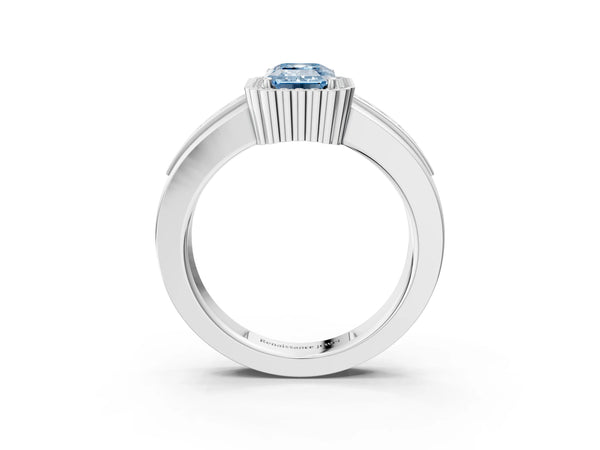 Platinum Fancy Blue Emerald  Cut Halo Pave Band Four-Prong Ring