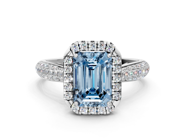 Platinum Fancy Blue Emerald  Cut Halo Pave Band Four-Prong Setting Ring