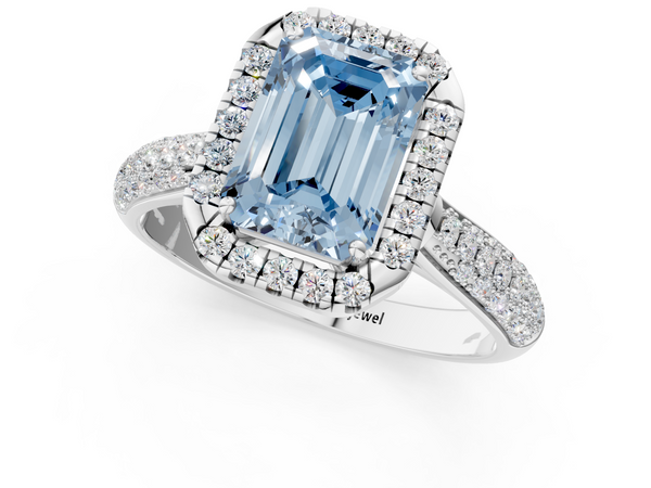 Platinum Fancy Blue Emerald  Cut Halo Pave Band Four-Prong Setting Ring