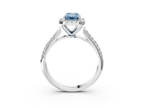 Platinum Fancy Blue Emerald  Cut Halo Pave Band Four-Prong Setting Ring