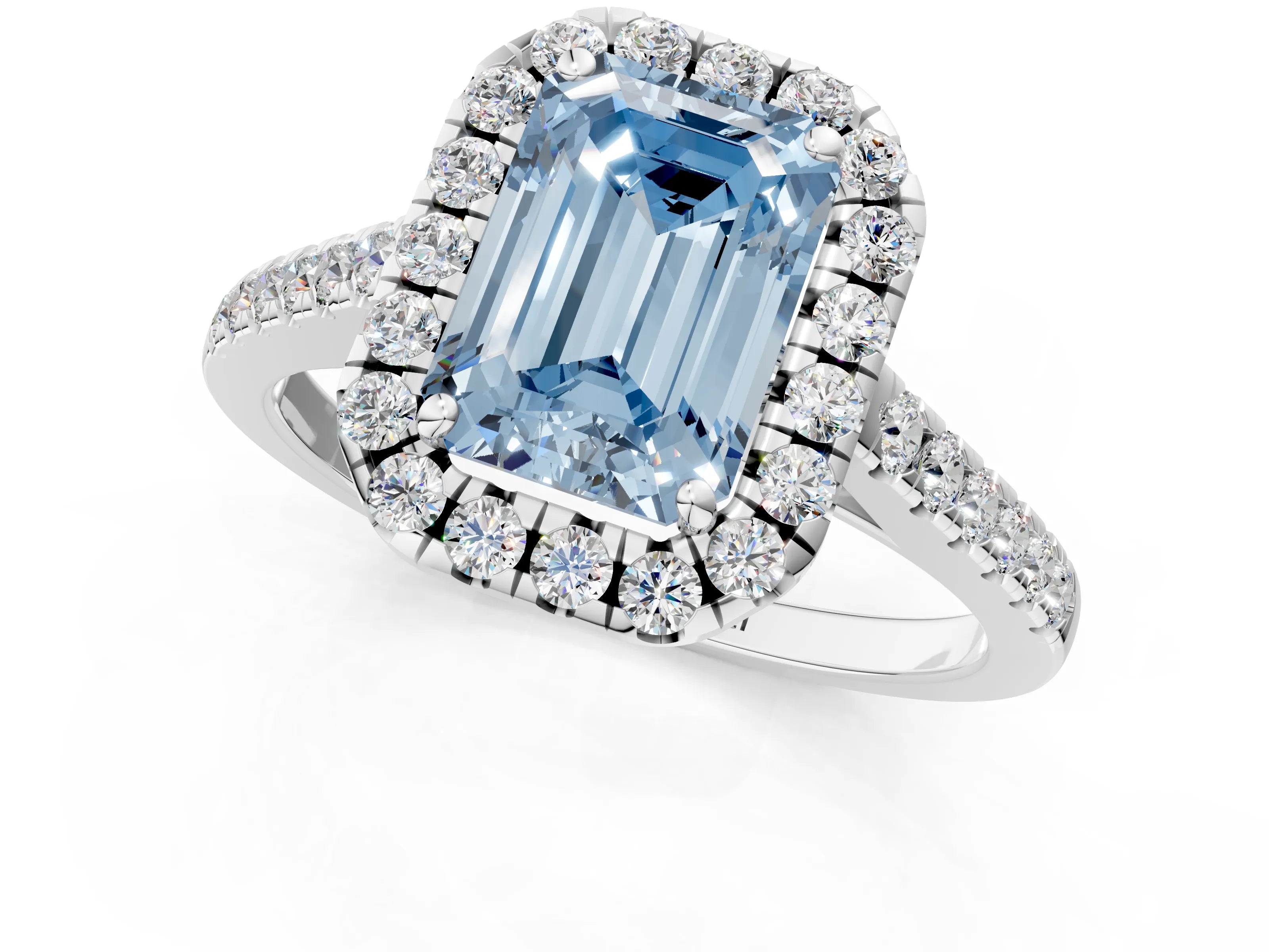 White gold Fancy Blue Emerald Cut Halo Pave Diamond Engagement Ring with Four-Prong Setting_1
