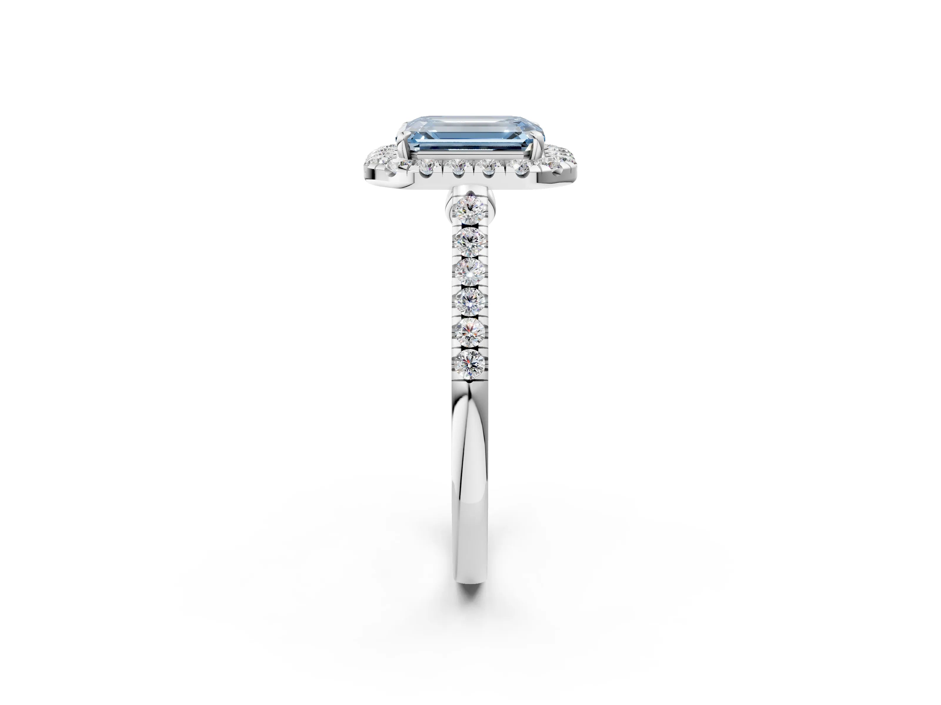 White gold Fancy Blue Emerald Cut Halo Pave Diamond Engagement Ring with Four-Prong Setting_2