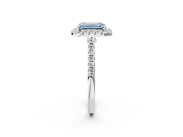 White gold Fancy Blue Emerald Cut Halo Pave Diamond Engagement Ring with Four-Prong Setting