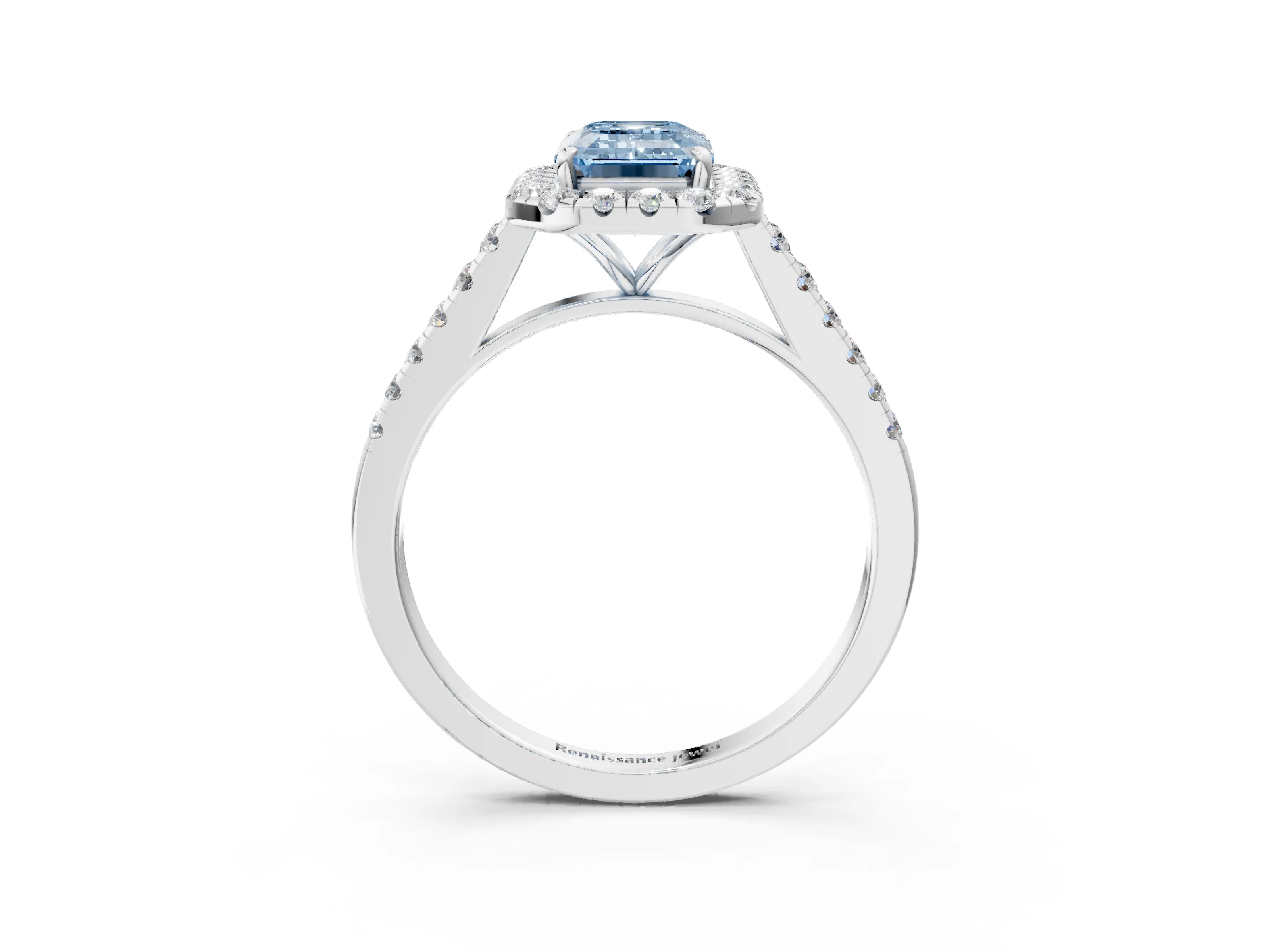 White gold Fancy Blue Emerald Cut Halo Pave Diamond Engagement Ring with Four-Prong Setting_3