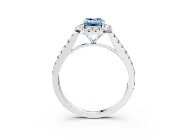 White gold Fancy Blue Emerald Cut Halo Pave Diamond Engagement Ring with Four-Prong Setting