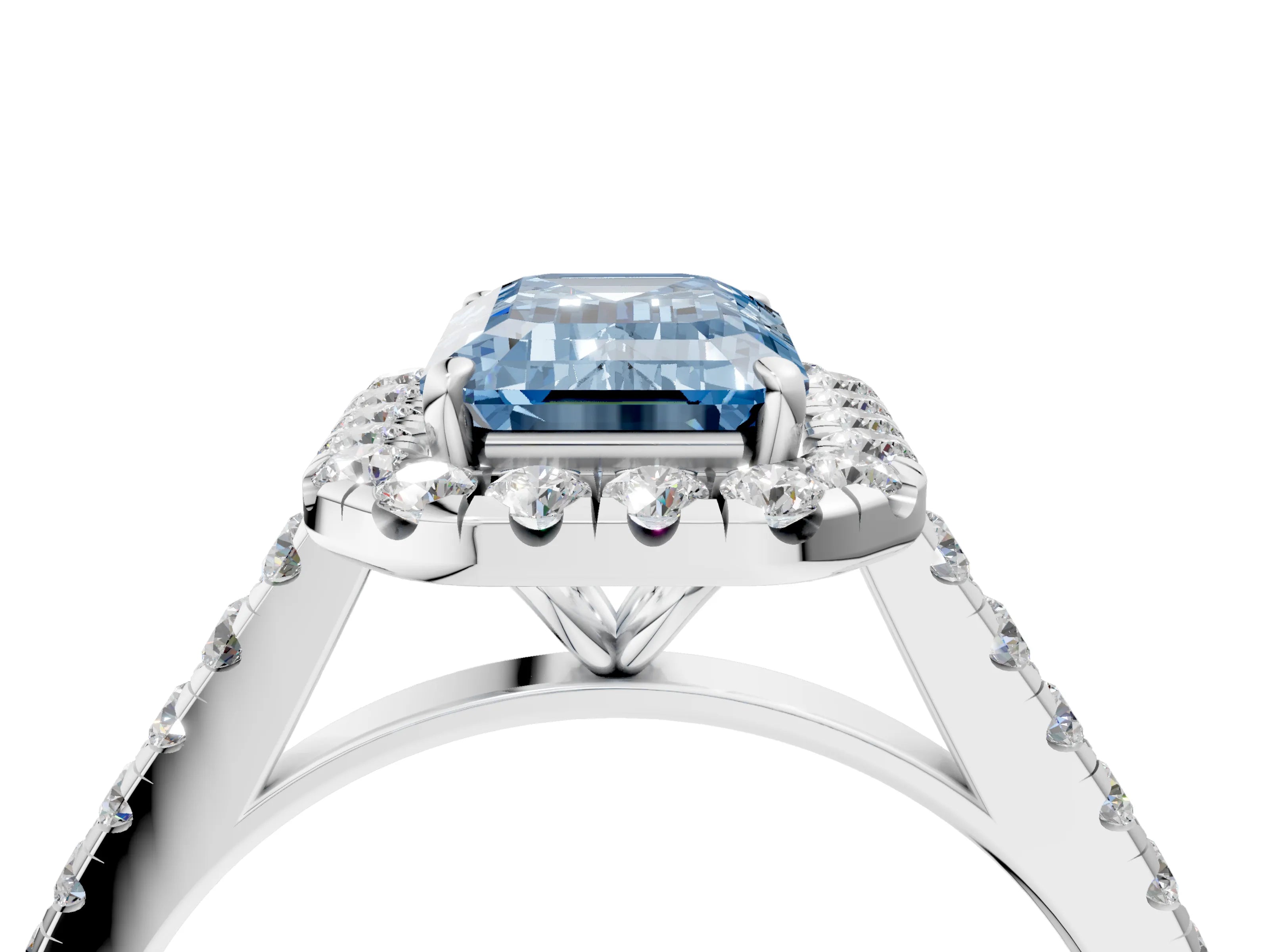 White gold Fancy Blue Emerald Cut Halo Pave Diamond Engagement Ring with Four-Prong Setting_4