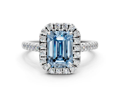 White gold Fancy Blue Emerald Cut Halo Pave Diamond Engagement Ring with Four-Prong Setting