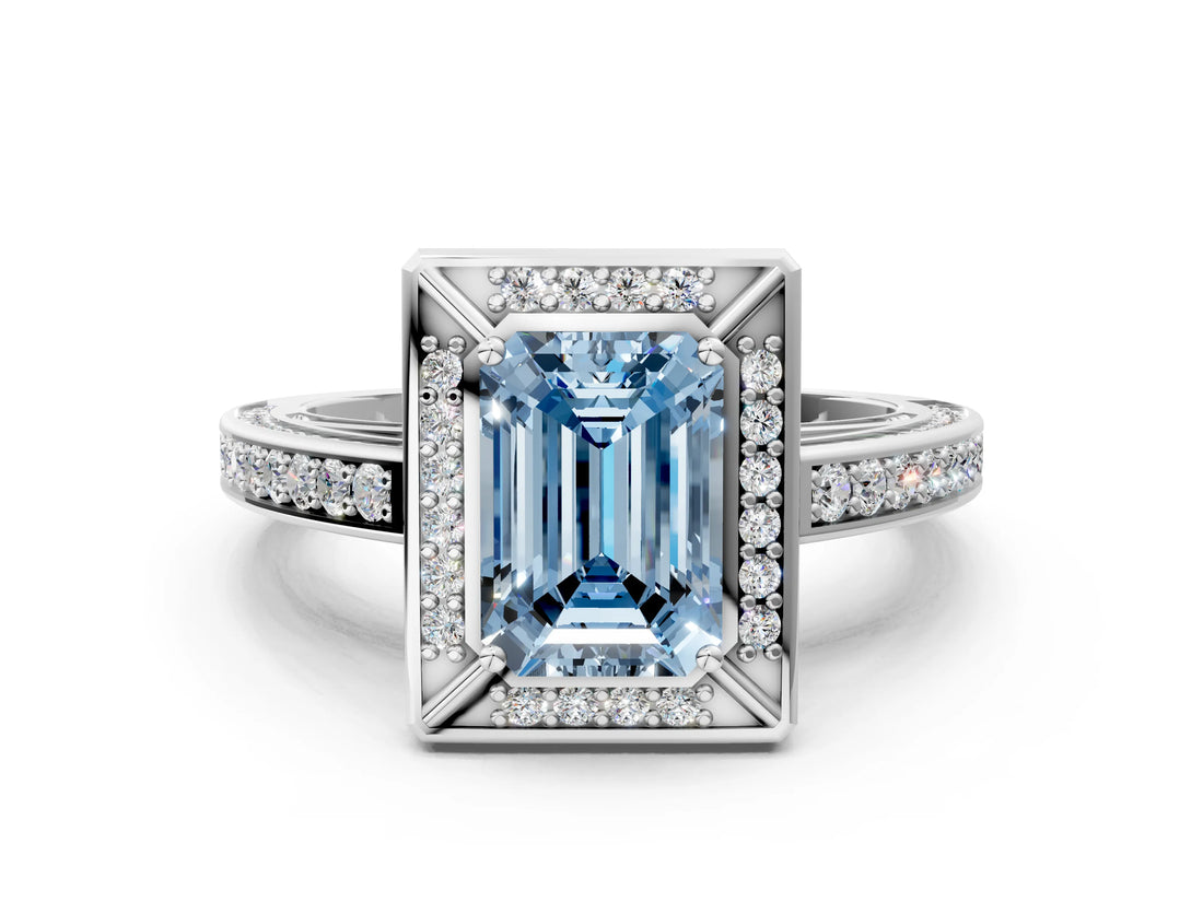 White gold Fancy Blue Emerald  Cut Halo Pave Split Shank Prong Setting Ring_32