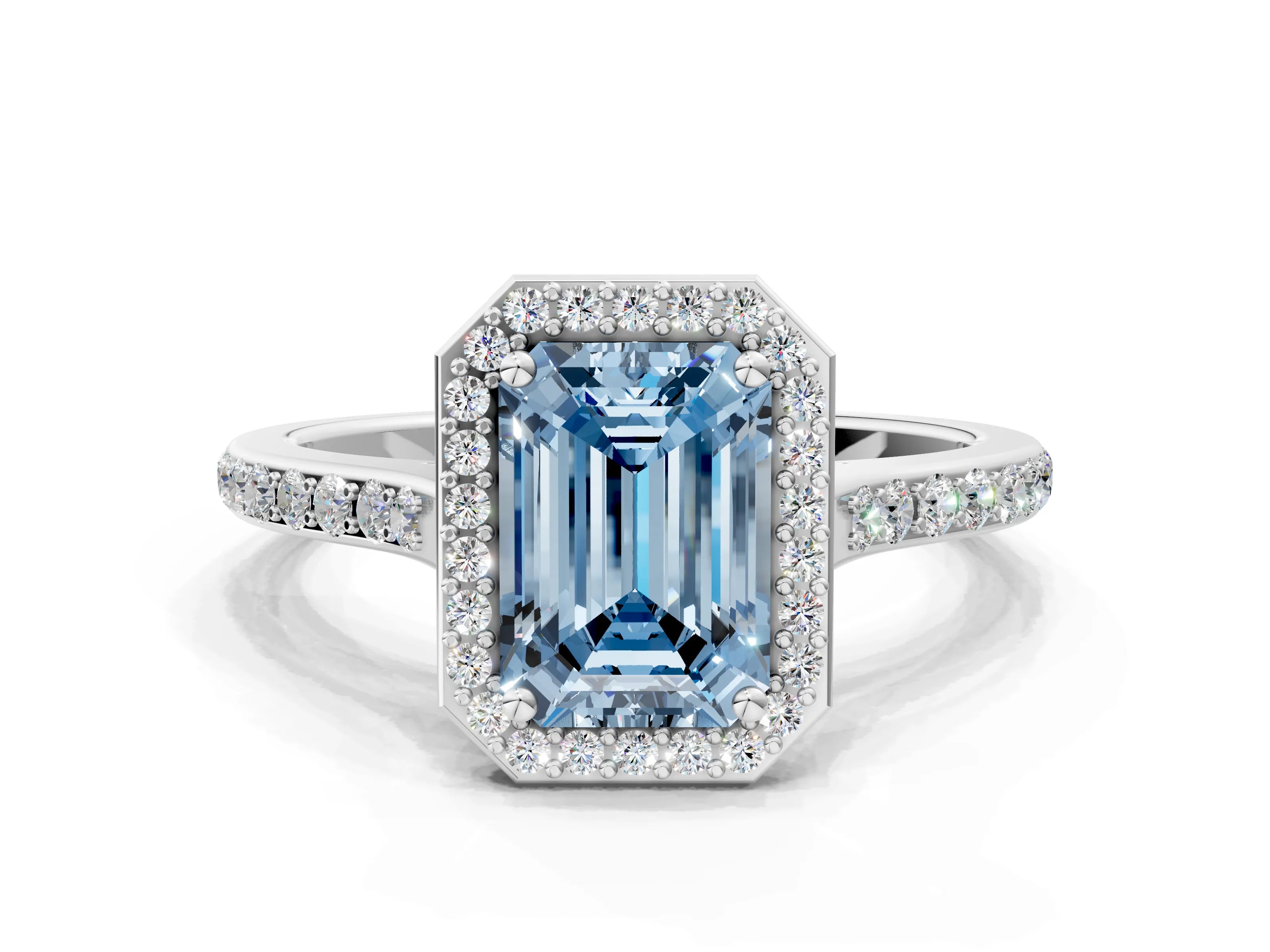 White gold Fancy Blue Emerald Cut Halo Round Diamond Pavé Band with Four-Prong Setting_15