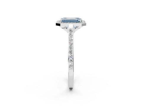 White gold Fancy Blue Emerald Cut Halo Round Diamond Pavé Band with Four-Prong Setting_17