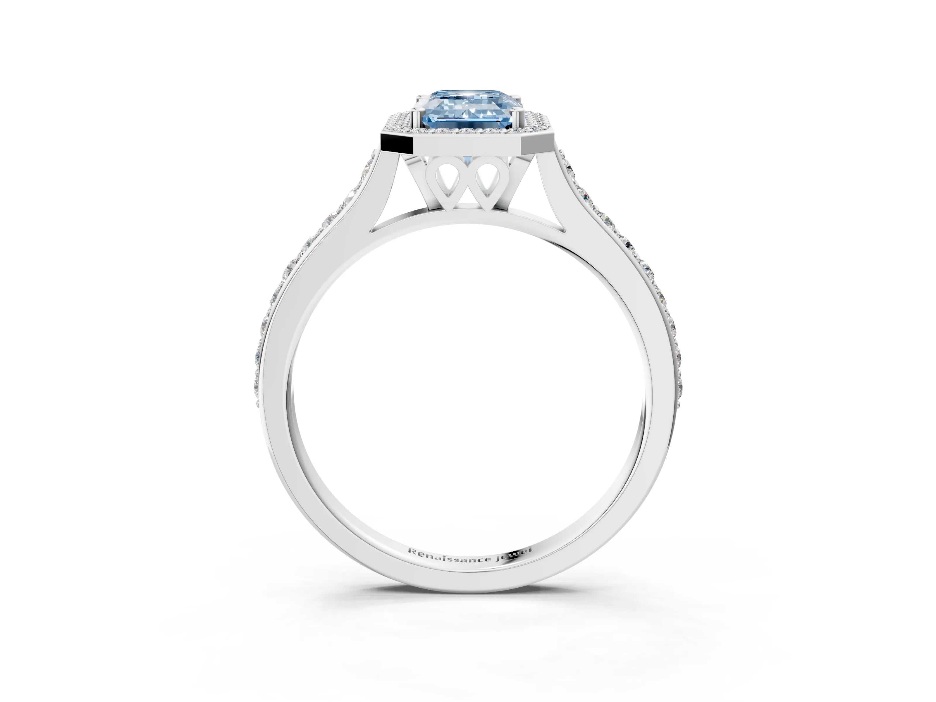 White gold Fancy Blue Emerald Cut Halo Round Diamond Pavé Band with Four-Prong Setting_18