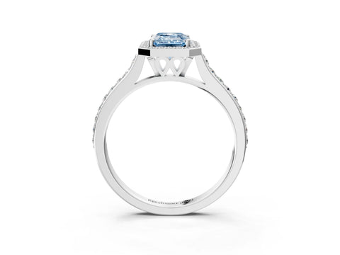 White gold Fancy Blue Emerald Cut Halo Round Diamond Pavé Band with Four-Prong Setting_18