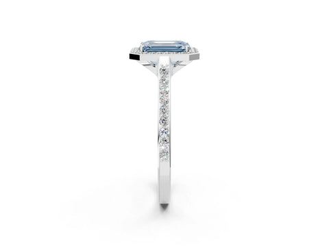 White gold Fancy Blue Emerald Cut Halo Round Diamond Pavé Band with Four-Prong Setting_23