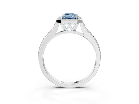 White gold Fancy Blue Emerald Cut Halo Round Diamond Pavé Band with Four-Prong Setting_24