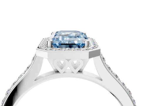 White gold Fancy Blue Emerald Cut Halo Round Diamond Pavé Band with Four-Prong Setting_25