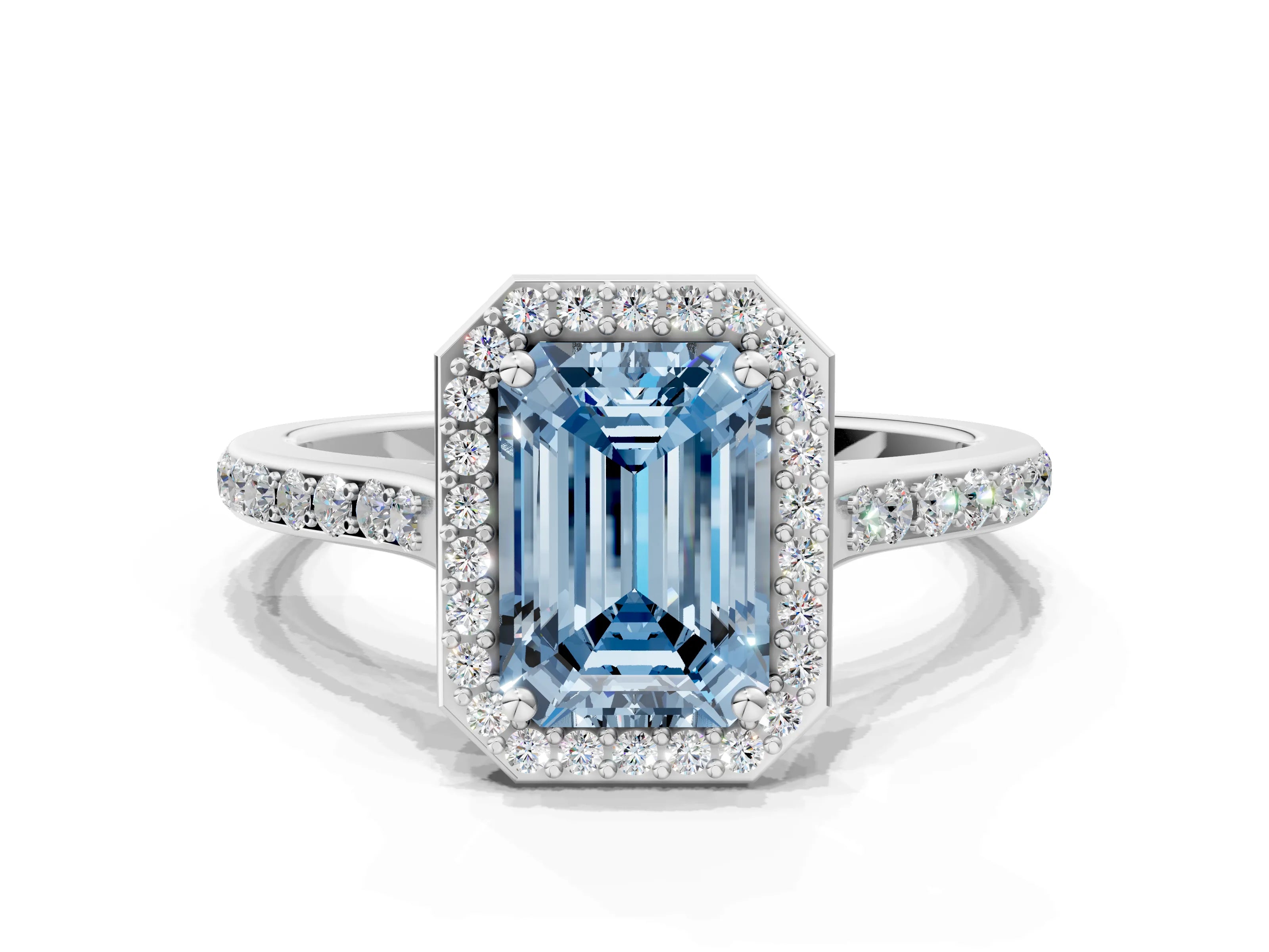 White gold Fancy Blue Emerald Cut Halo Round Diamond Pavé Band with Four-Prong Setting_26