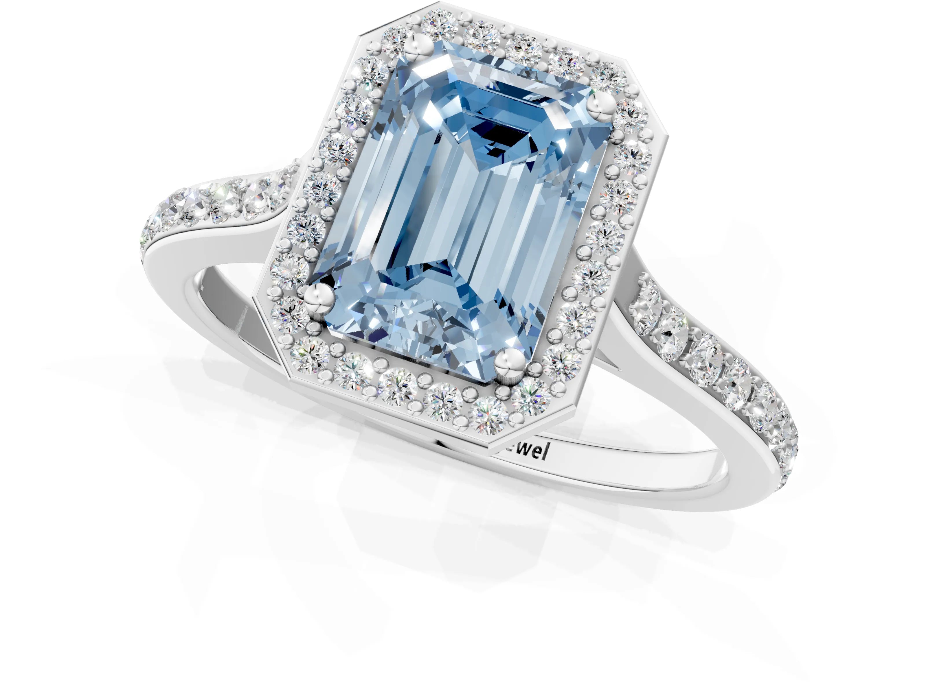White gold Fancy Blue Emerald Cut Halo Round Diamond Pavé Band with Four-Prong Setting_27