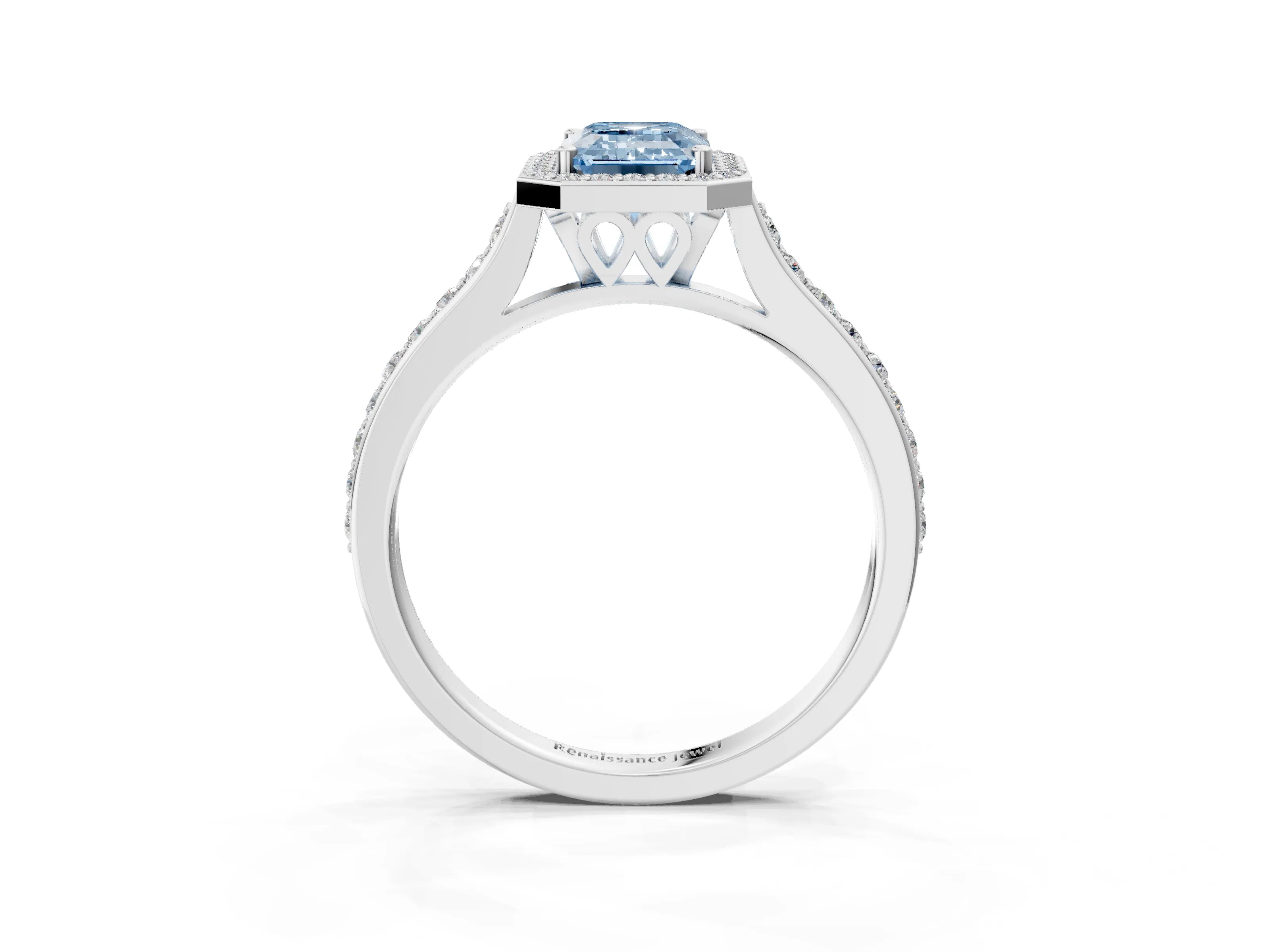 White gold Fancy Blue Emerald Cut Halo Round Diamond Pavé Band with Four-Prong Setting_30