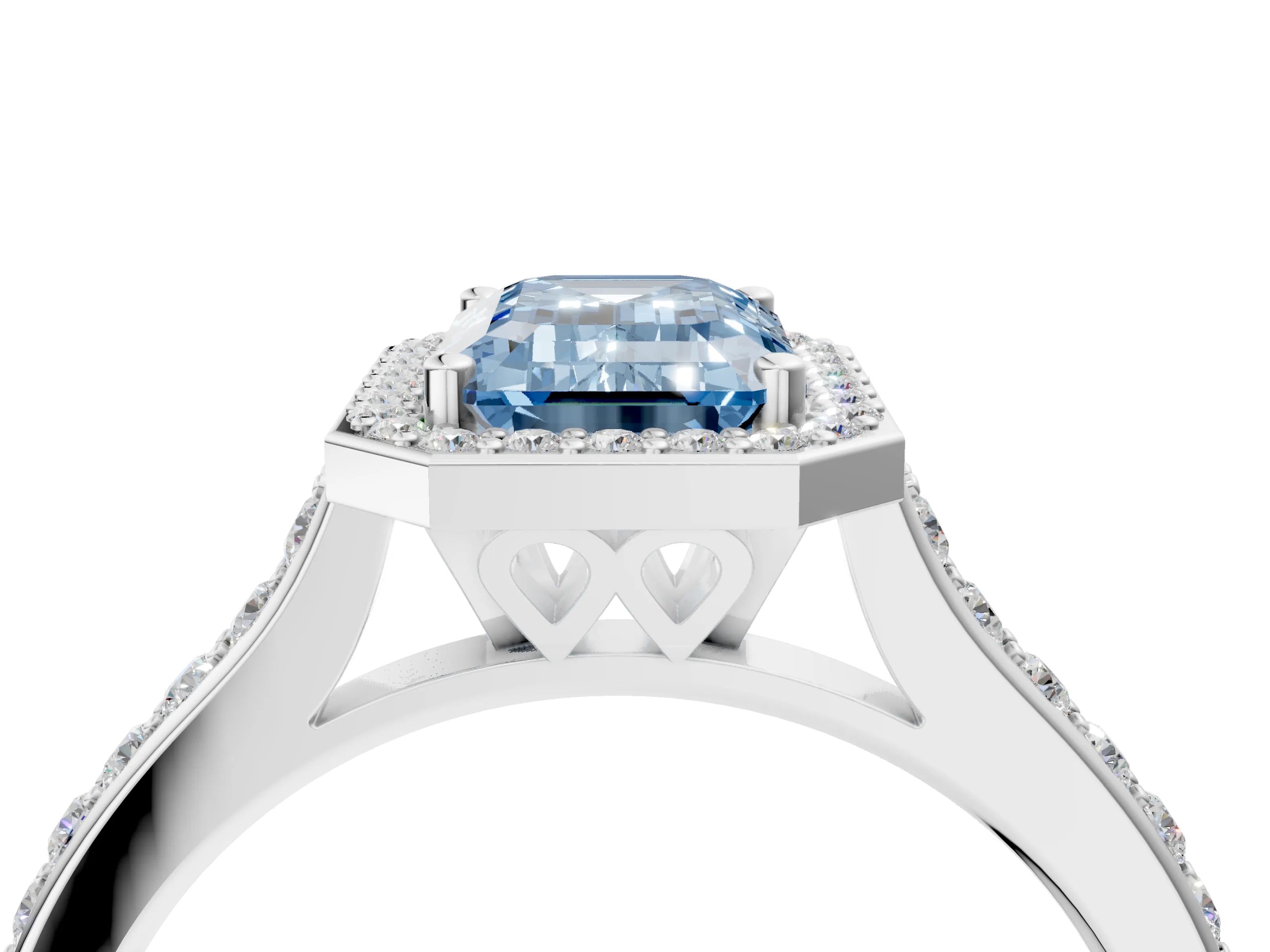 White gold Fancy Blue Emerald Cut Halo Round Diamond Pavé Band with Four-Prong Setting_31