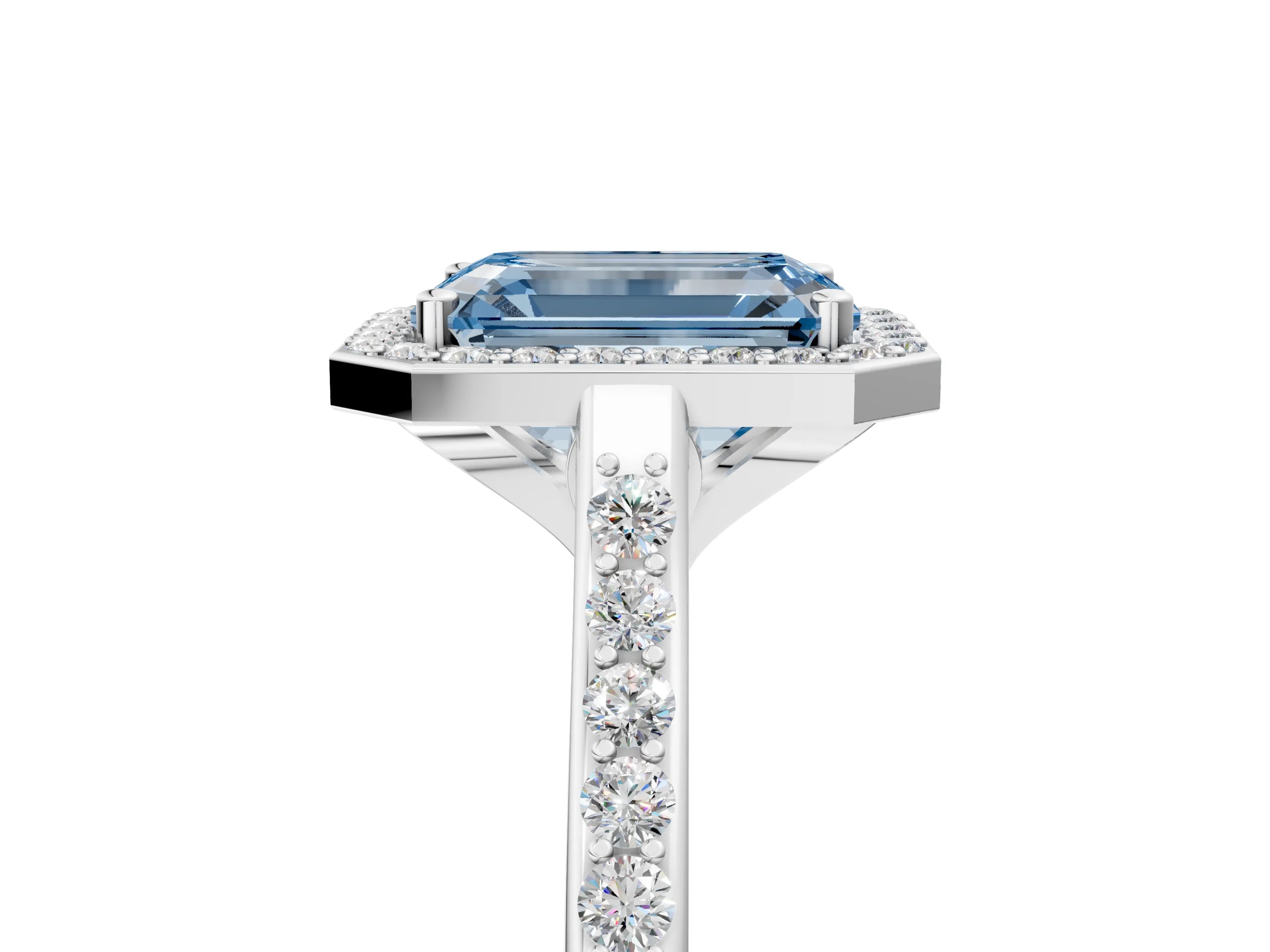 White gold Fancy Blue Emerald Cut Halo Round Diamond Pavé Band with Four-Prong Setting_32