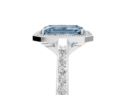 White gold Fancy Blue Emerald Cut Halo Round Diamond Pavé Band with Four-Prong Setting_32