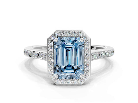 White gold Fancy Blue Emerald Cut Halo Round Diamond Pavé Band with Four-Prong Setting_38