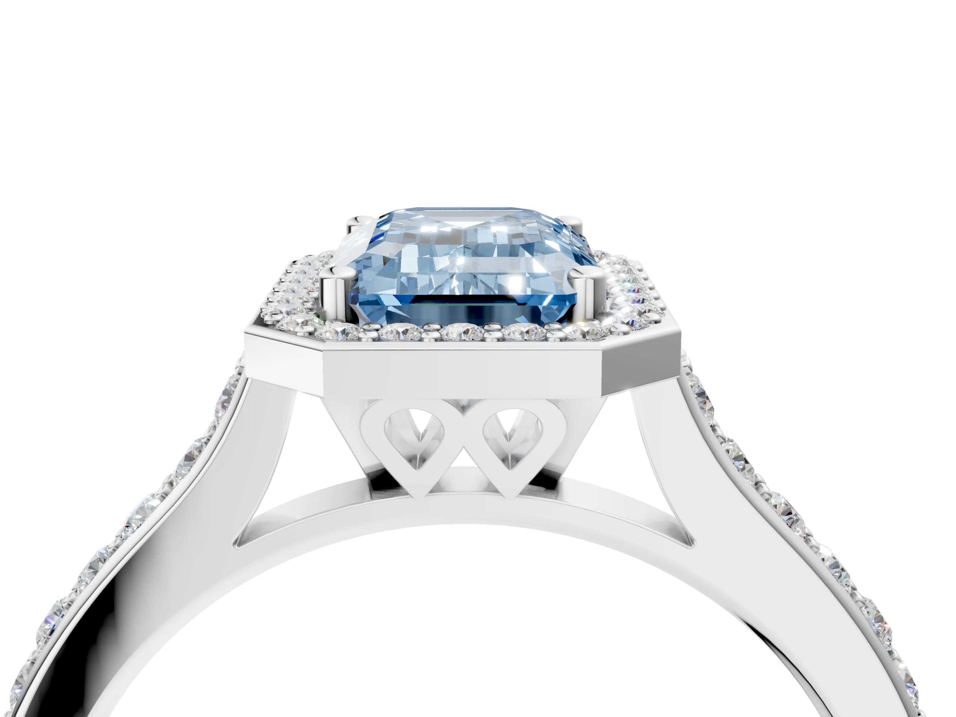 White gold Fancy Blue Emerald Cut Halo Round Diamond Pavé Band with Four-Prong Setting_43