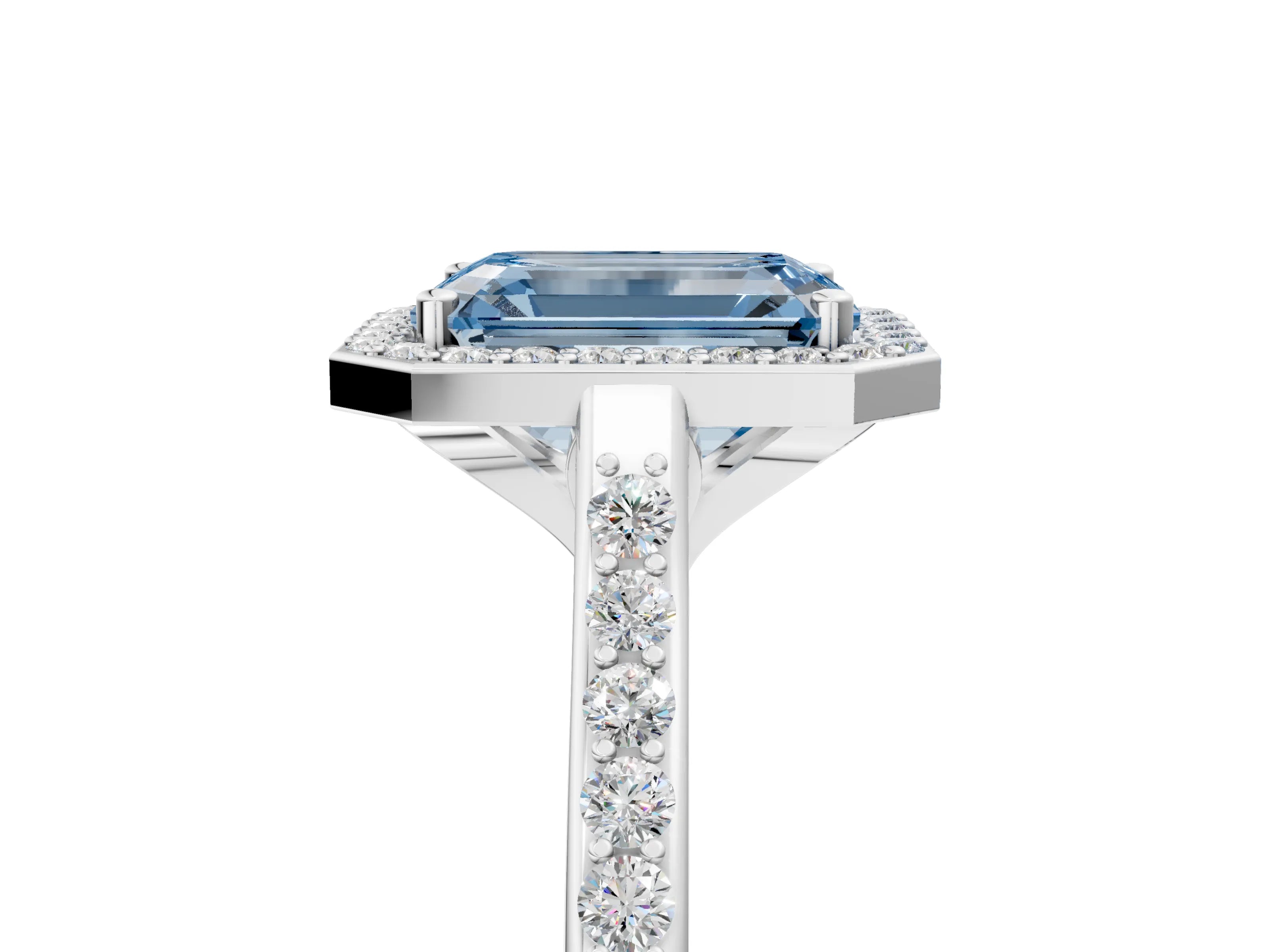 White gold Fancy Blue Emerald Cut Halo Round Diamond Pavé Band with Four-Prong Setting_44