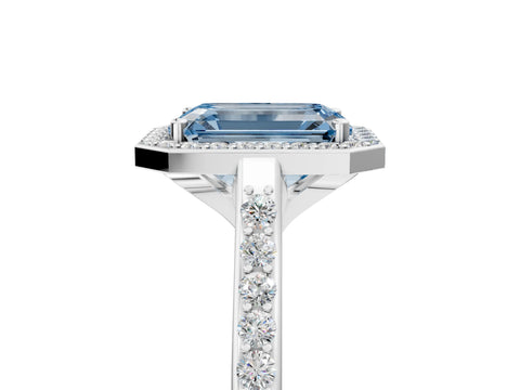 White gold Fancy Blue Emerald Cut Halo Round Diamond Pavé Band with Four-Prong Setting_44