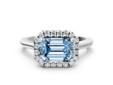 White gold Fancy Blue Emerald Cut Halo Round Diamond Solitaire Engagement Ring with Pave Band and Four-Prong Setting_24
