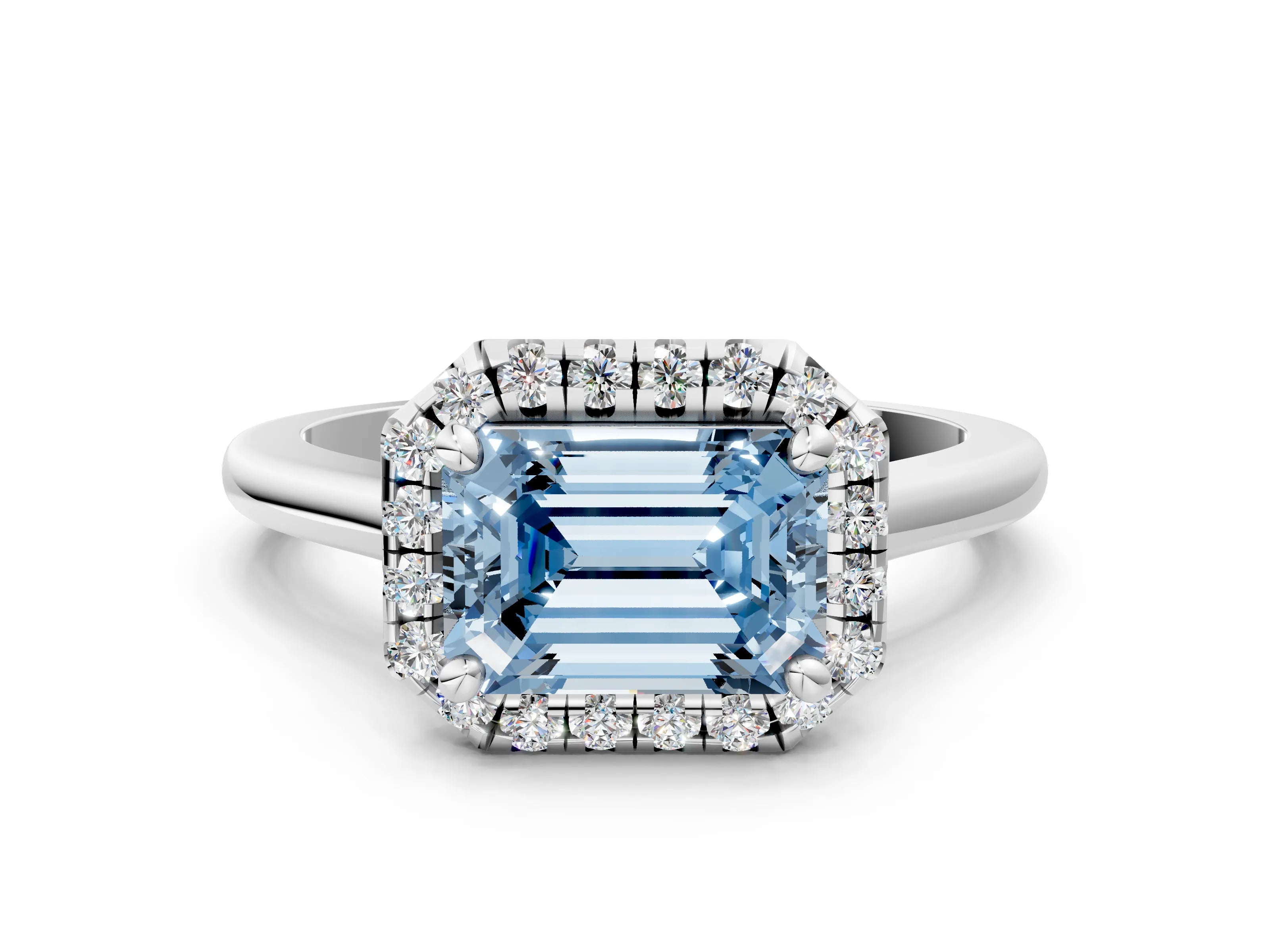 White gold Fancy Blue Emerald Cut Halo Round Diamond Solitaire Engagement Ring with Pave Band and Four-Prong Setting_25