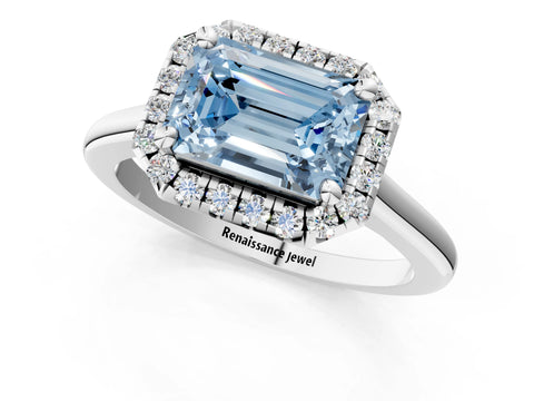 White gold Fancy Blue Emerald Cut Halo Round Diamond Solitaire Engagement Ring with Pave Band and Four-Prong Setting_25