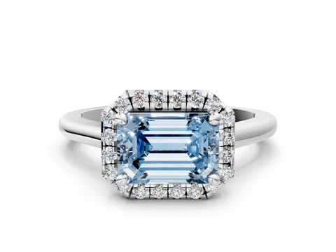 White gold Fancy Blue Emerald Cut Halo Round Diamond Solitaire Engagement Ring with Pave Band and Four-Prong Setting_25