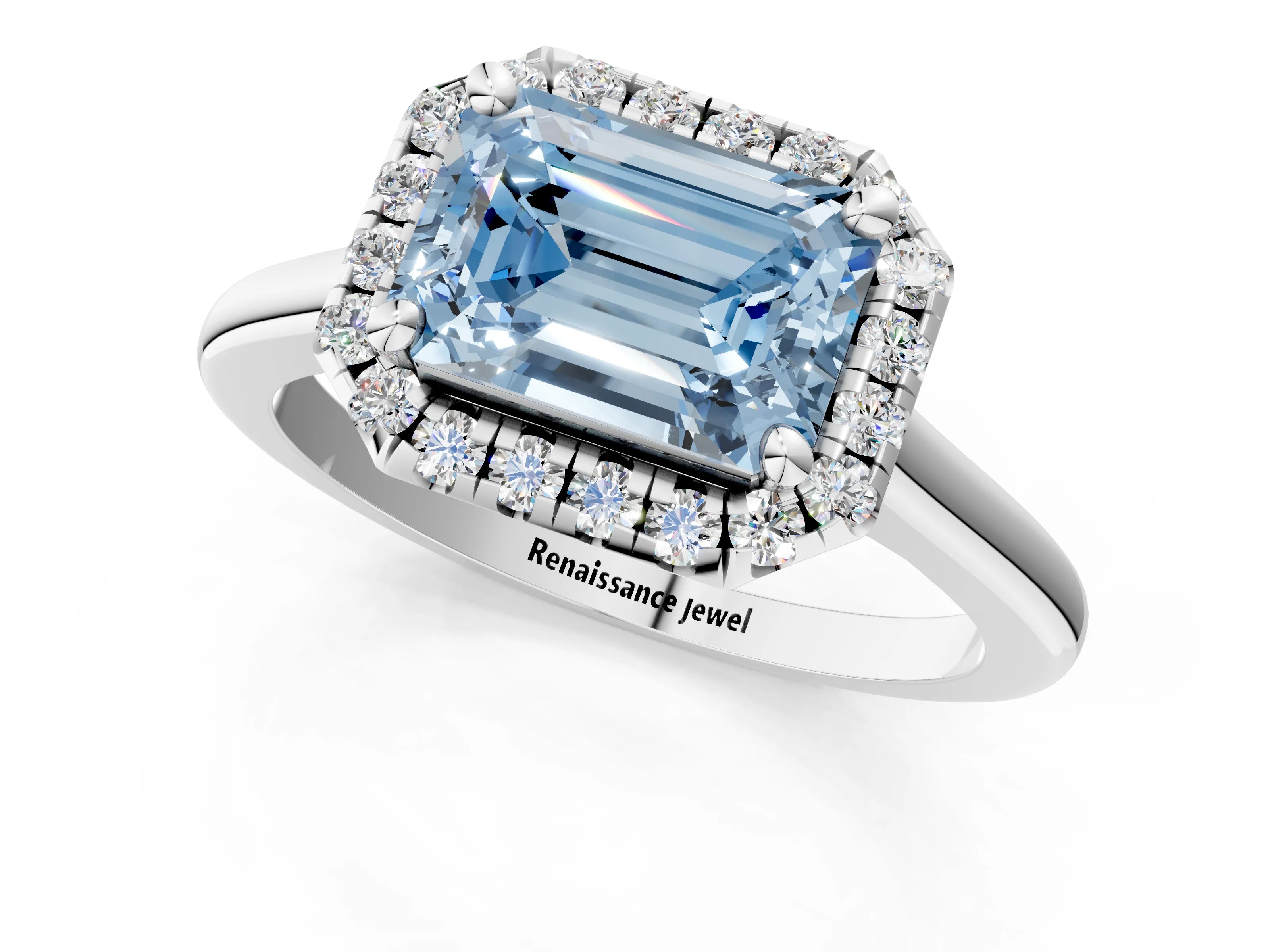 White gold Fancy Blue Emerald Cut Halo Round Diamond Solitaire Engagement Ring with Pave Band and Four-Prong Setting_26