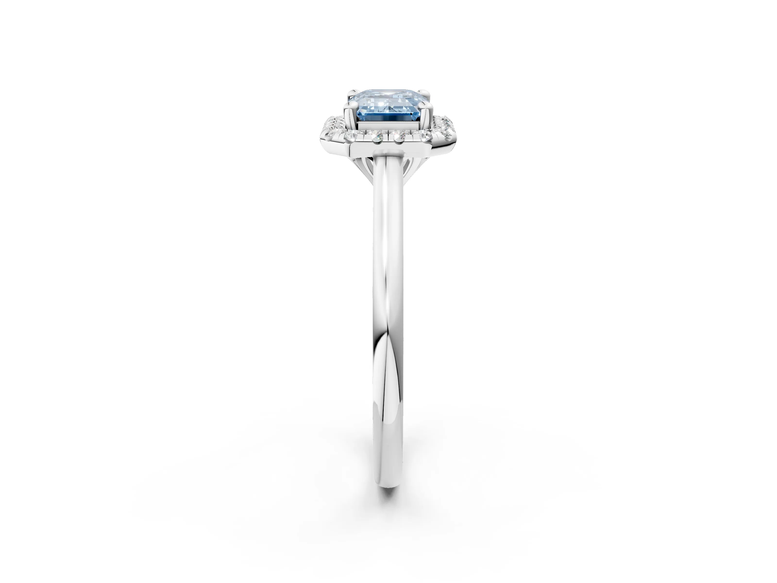 White gold Fancy Blue Emerald Cut Halo Round Diamond Solitaire Engagement Ring with Pave Band and Four-Prong Setting_27