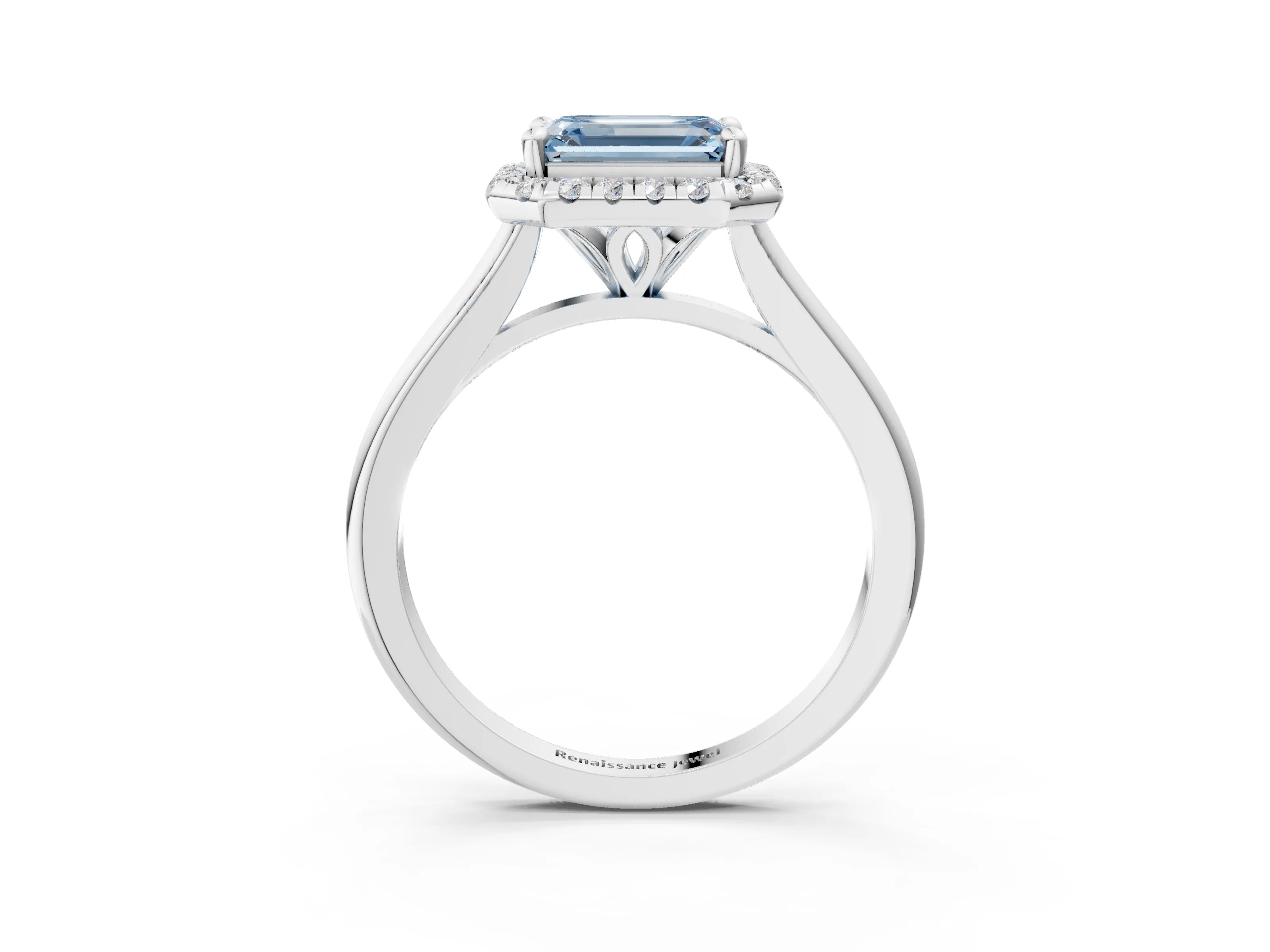 White gold Fancy Blue Emerald Cut Halo Round Diamond Solitaire Engagement Ring with Pave Band and Four-Prong Setting_27