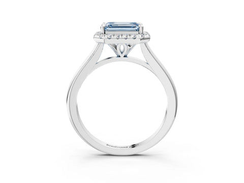White gold Fancy Blue Emerald Cut Halo Round Diamond Solitaire Engagement Ring with Pave Band and Four-Prong Setting_28