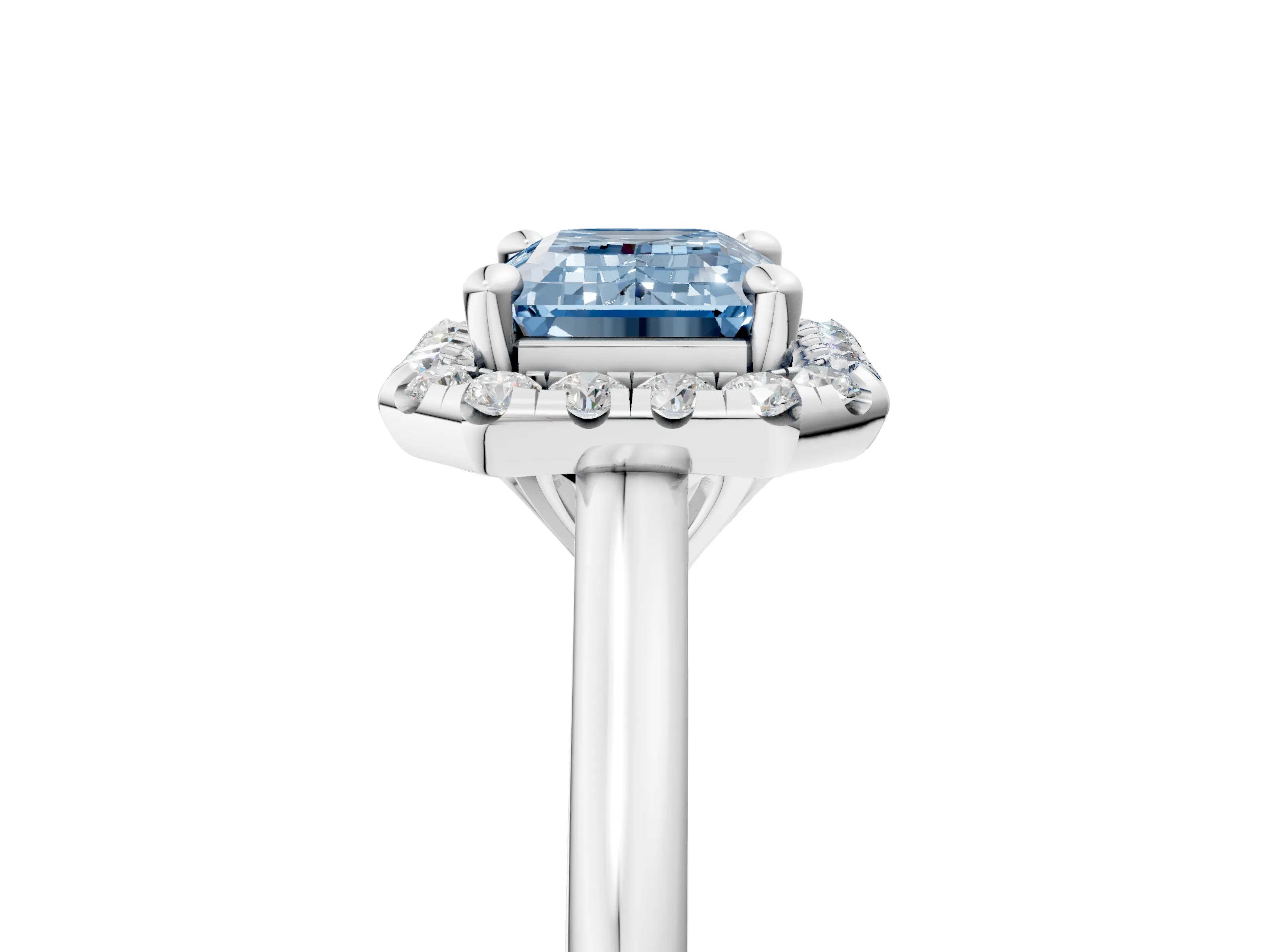 White gold Fancy Blue Emerald Cut Halo Round Diamond Solitaire Engagement Ring with Pave Band and Four-Prong Setting_29