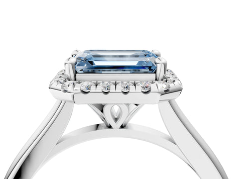 White gold Fancy Blue Emerald Cut Halo Round Diamond Solitaire Engagement Ring with Pave Band and Four-Prong Setting_29