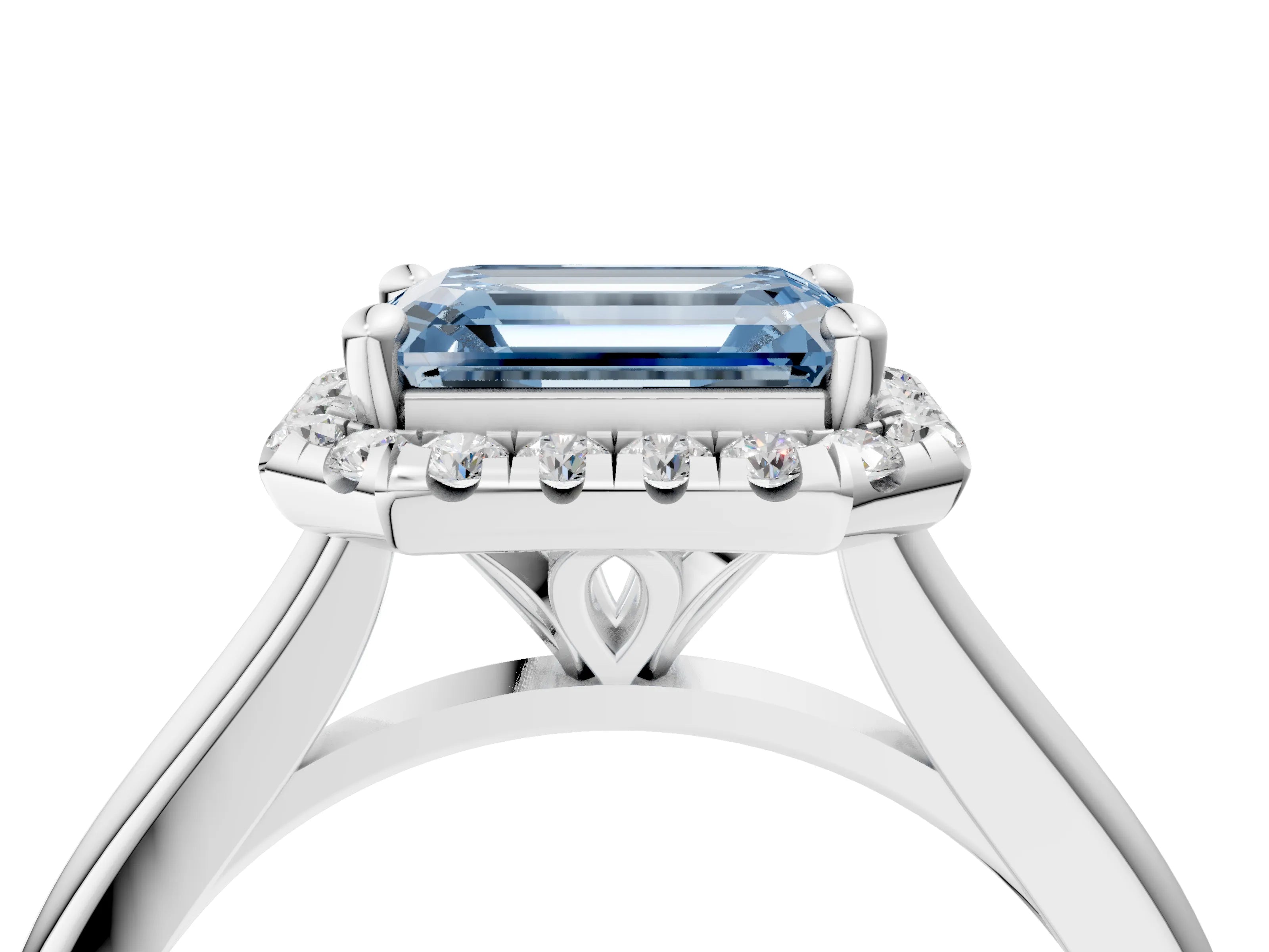 White gold Fancy Blue Emerald Cut Halo Round Diamond Solitaire Engagement Ring with Pave Band and Four-Prong Setting_4