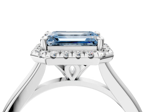 White gold Fancy Blue Emerald Cut Halo Round Diamond Solitaire Engagement Ring with Pave Band and Four-Prong Setting_4