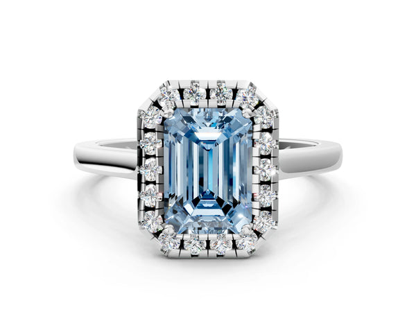 Platinum Fancy Blue Emerald Cut Halo Round Diamond Solitaire Ring with Pavé Band and Four-Prong Setting