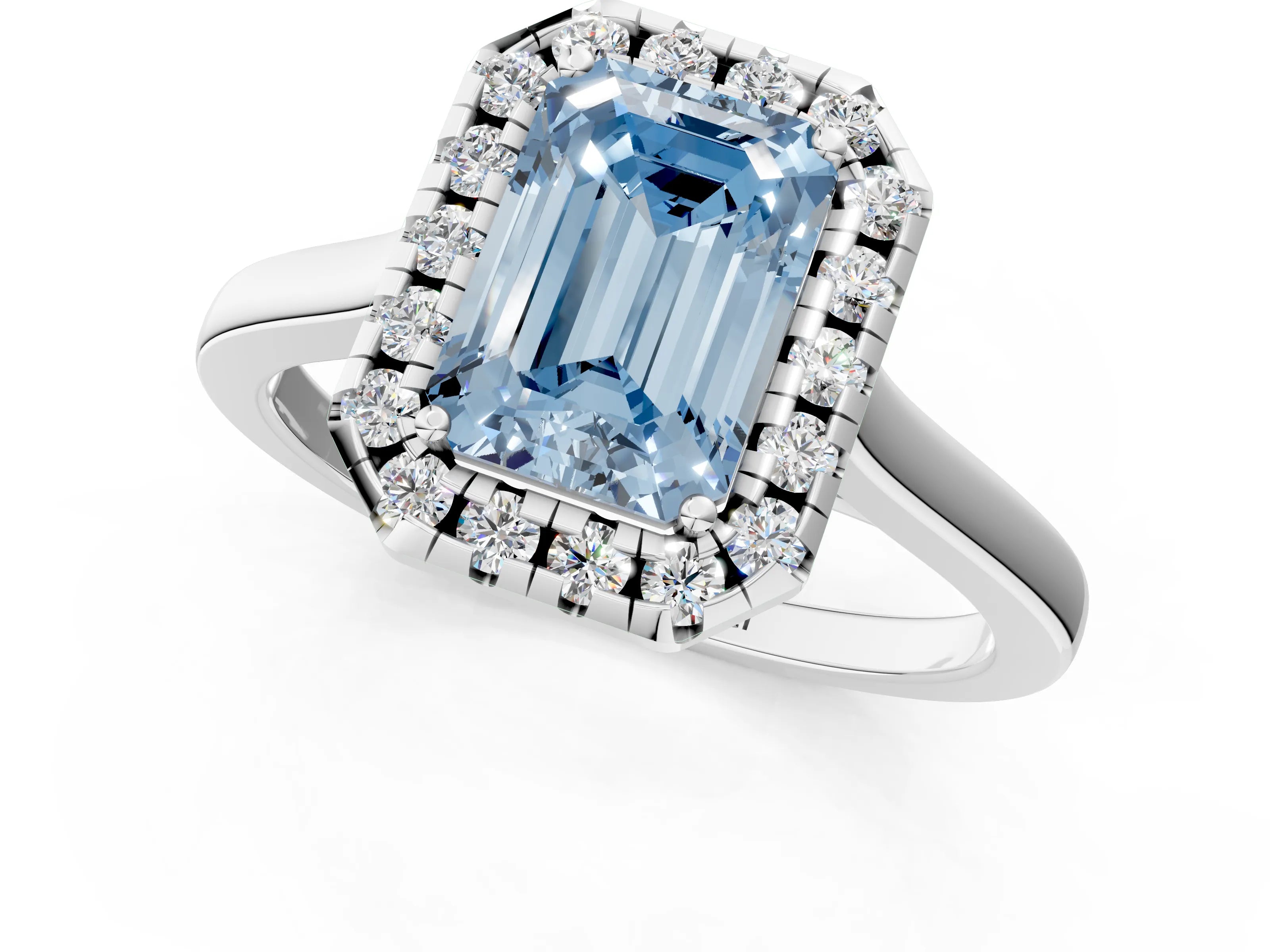 White gold Fancy Blue Emerald Cut Halo Round Diamond Solitaire Ring with Pavé Band and Four-Prong Setting_1