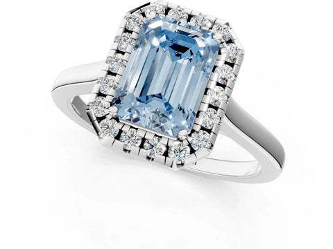 White gold Fancy Blue Emerald Cut Halo Round Diamond Solitaire Ring with Pavé Band and Four-Prong Setting_1