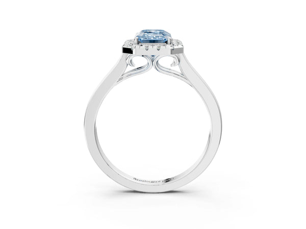 Platinum Fancy Blue Emerald Cut Halo Round Diamond Solitaire Ring with Pavé Band and Four-Prong Setting