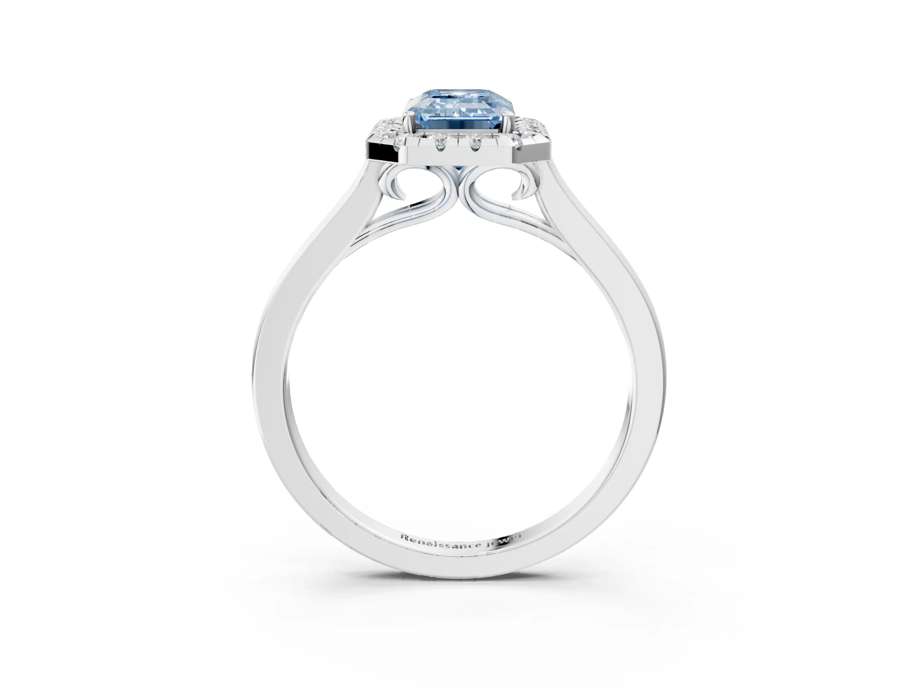 White gold Fancy Blue Emerald Cut Halo Round Diamond Solitaire Ring with Pavé Band and Four-Prong Setting_3