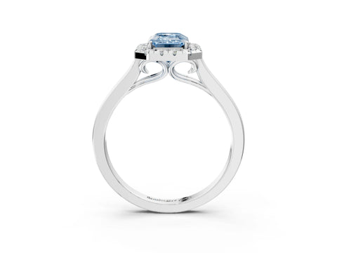 White gold Fancy Blue Emerald Cut Halo Round Diamond Solitaire Ring with Pavé Band and Four-Prong Setting_3
